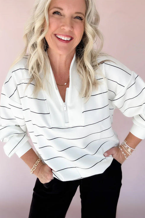 Half Zip V Neck Drop Shoulder Stripe Long Sleeve Top
